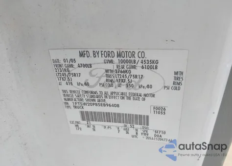 2005 Ford F-250 Lariat/Xl/Xlt z USA, uszkodzony, nr VIN 1FTSW20P85EB96408